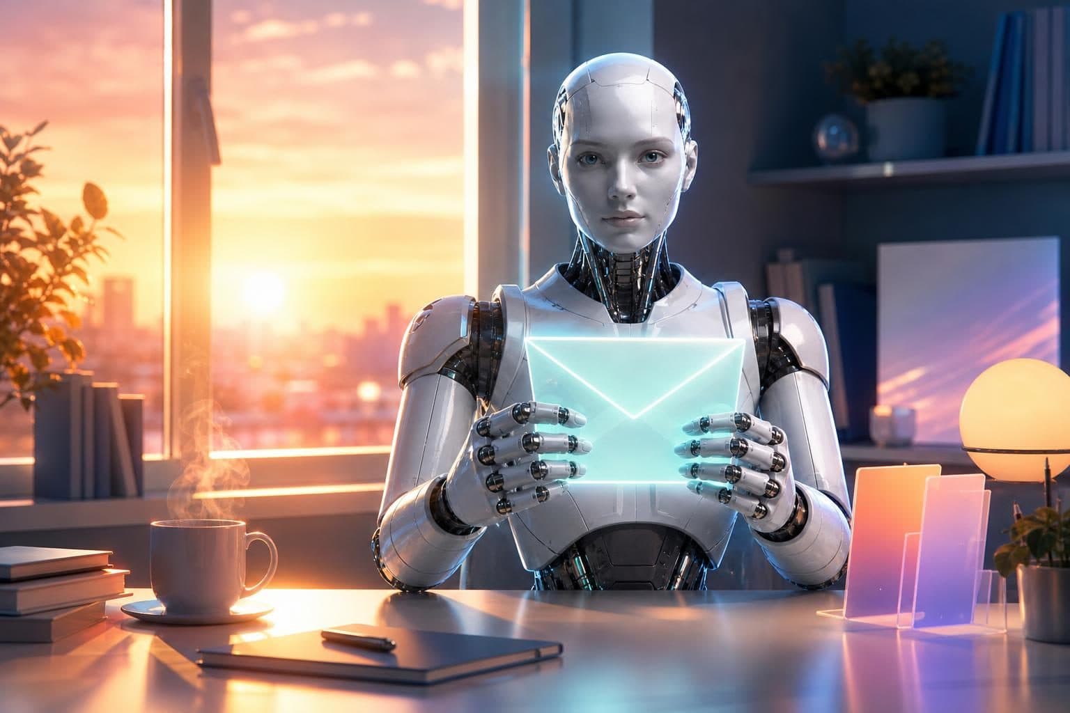 A humanoid robot holds a glowing envelope at a desk with a steaming cup and sunlight streaming through the window.
