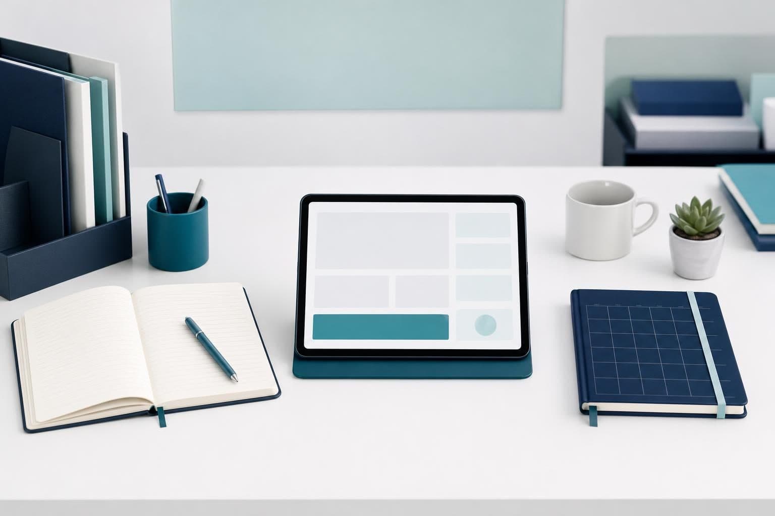 Notebook, tablet with blank layout blocks, and closed planner arranged side by side on a white desk